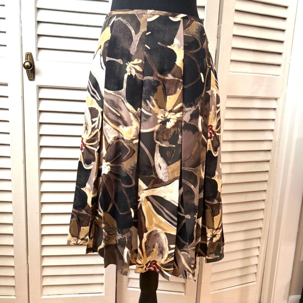 Ellen Tracy 100% Silk Black and Tan Floral Pleated Flare Midi Skirt Size 2